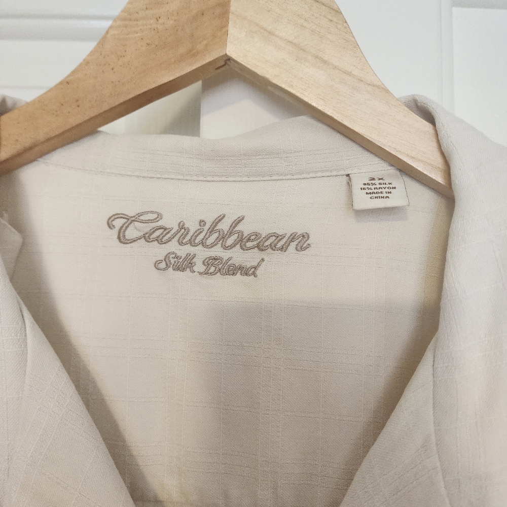 Caribbean Silk Blend Cream Color Button Down Short Sleeve Men's Size XXL - Picture 3 of 9